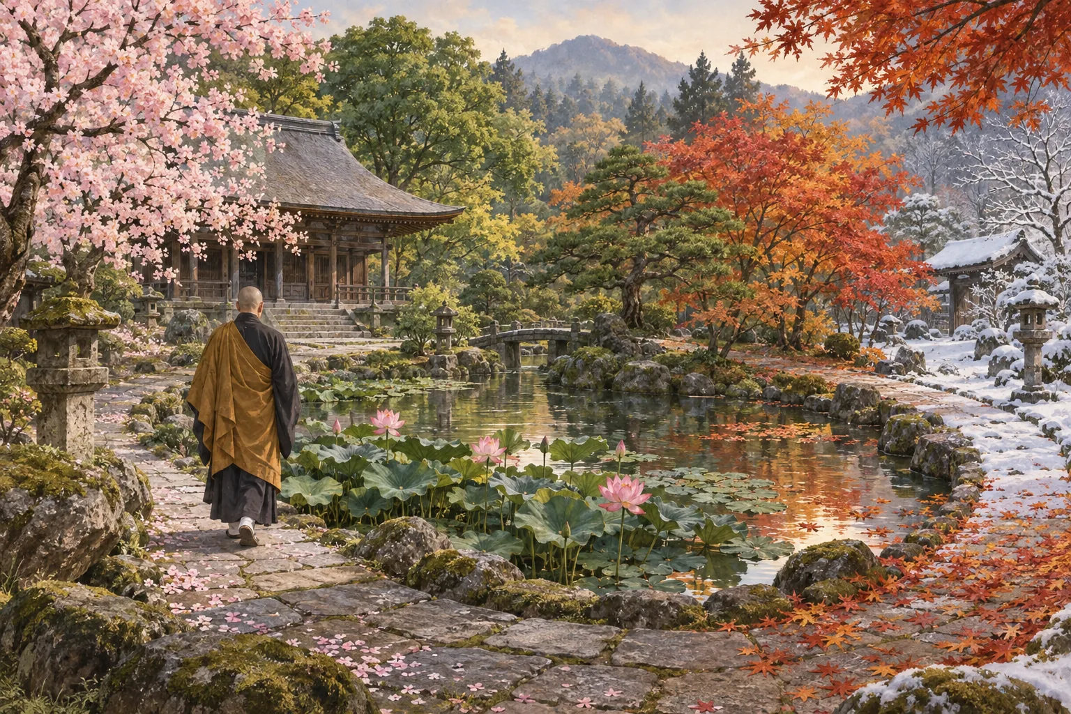 四季が巡る寺の庭を歩く僧侶