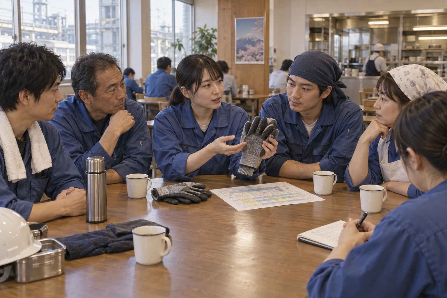 工場の食堂で安全や勤務について話し合う労働組合員