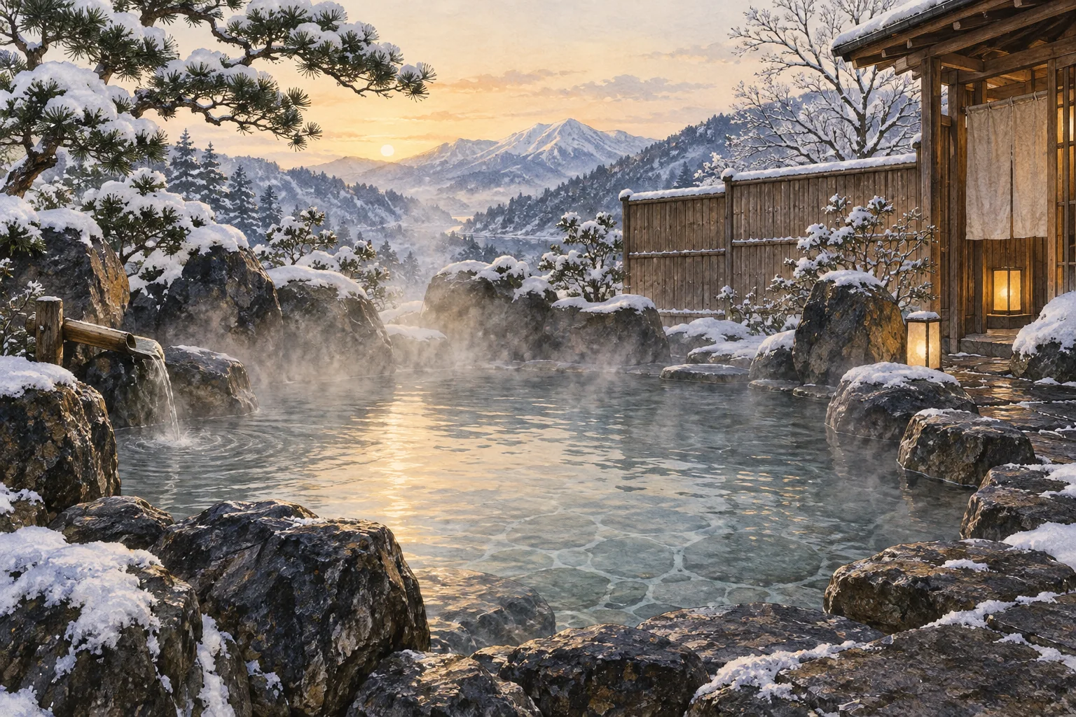 雪景色の中で湯気が上がる、自然石で囲まれた露天風呂
