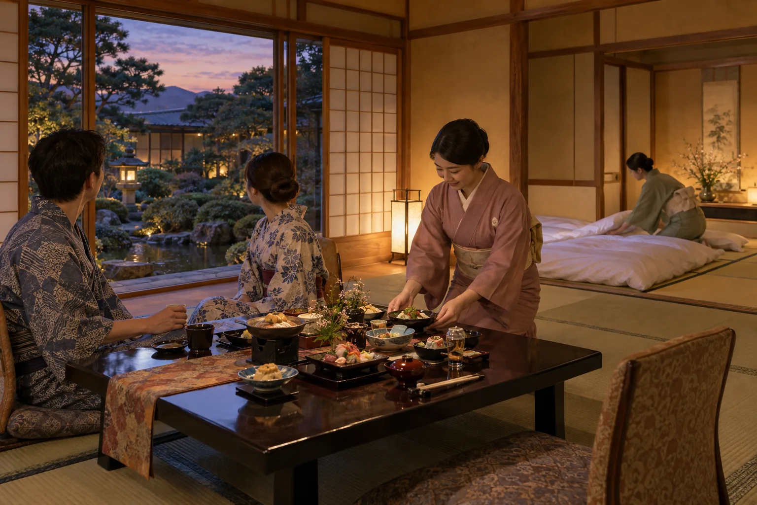 畳の客室で夕食と布団の支度をする旅館