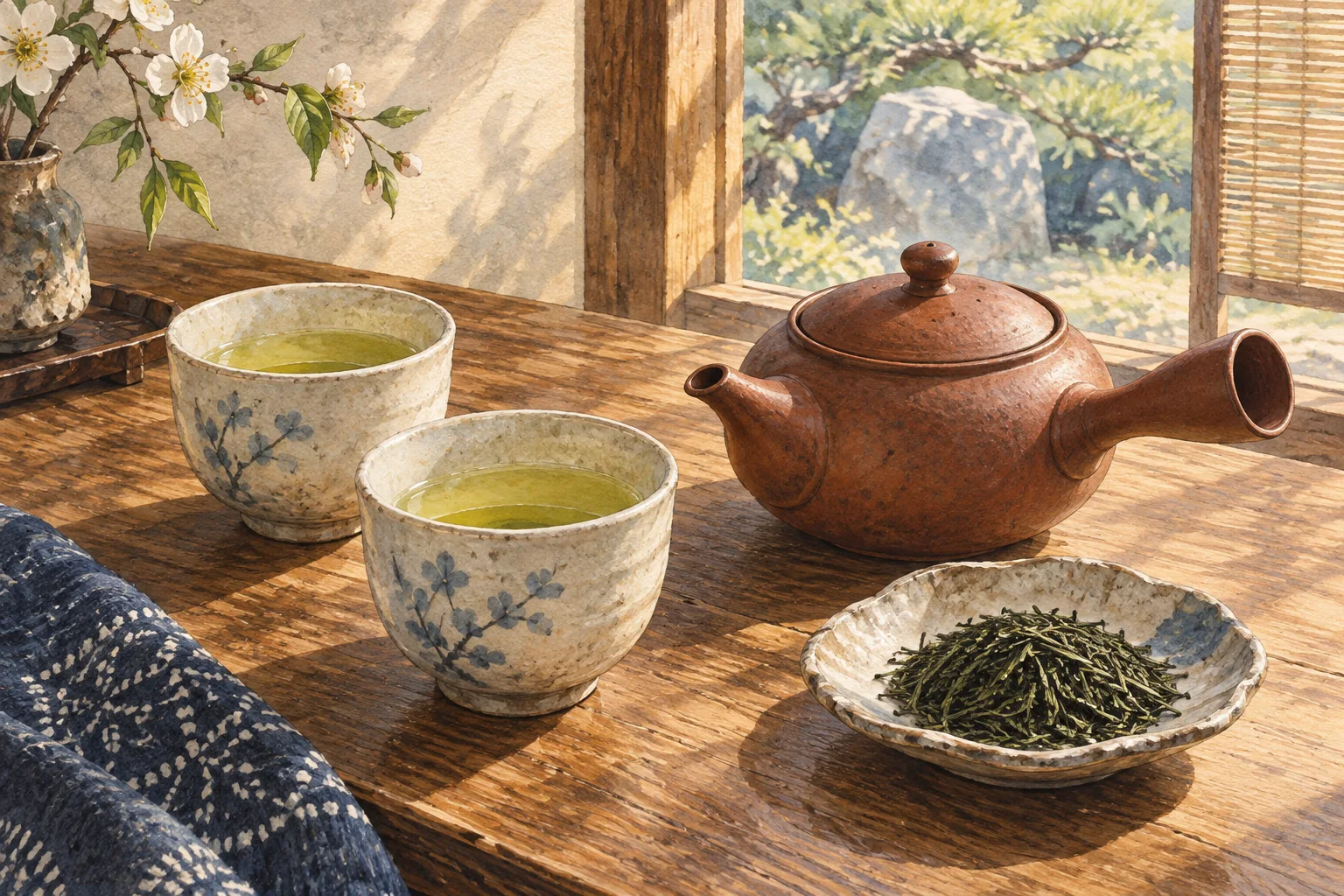 急須と湯のみの緑茶、茶葉を並べた風景