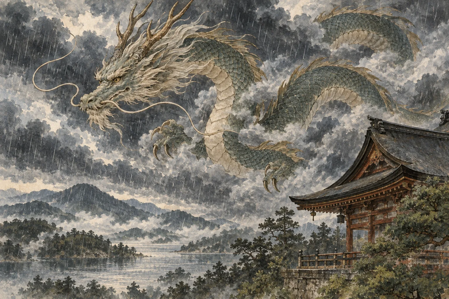 雨雲と寺の屋根の上をうねる日本の龍