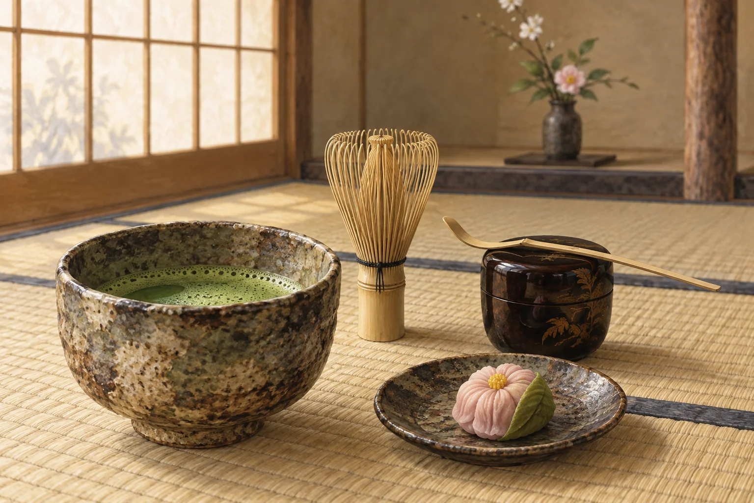 茶室の畳の上に並ぶ抹茶の茶碗、茶筅、茶杓、棗と和菓子