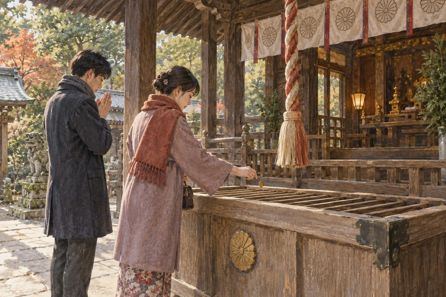 神社の賽銭箱に硬貨を納める参拝者