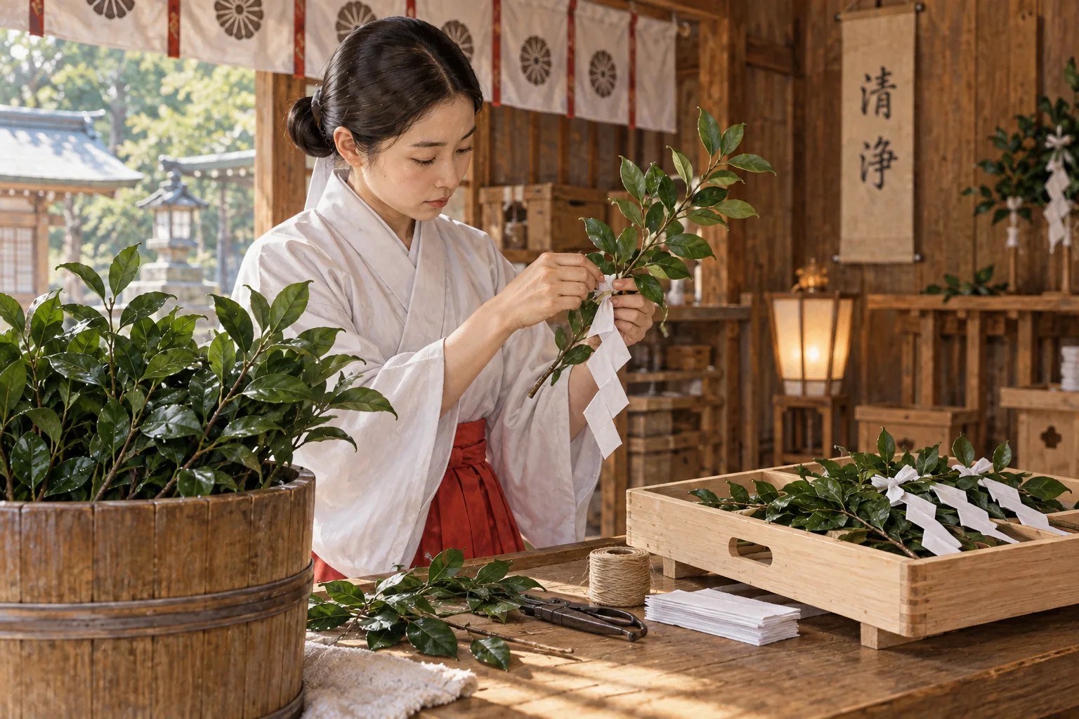 神社の準備室で榊に紙垂を結び玉串を整える神職