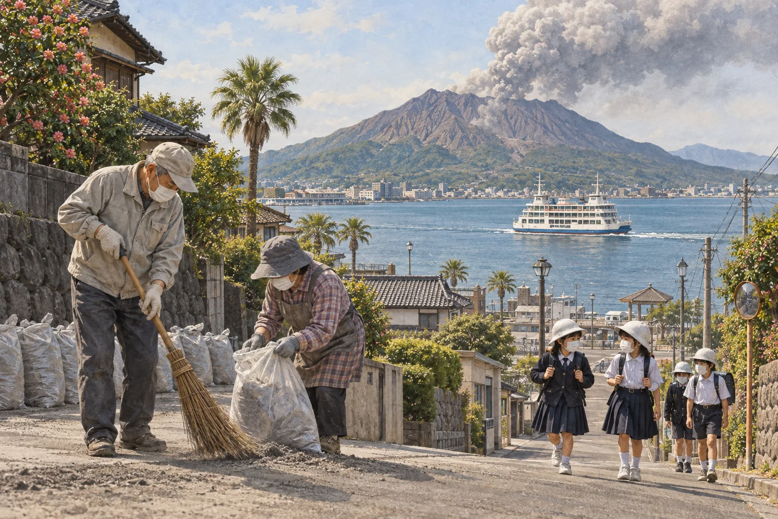 桜島の噴煙を背景に火山灰を集める鹿児島の住民