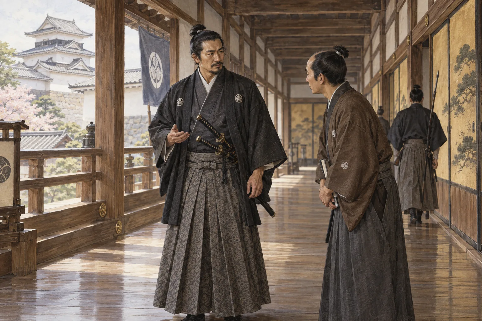城内の回廊で大小の刀を帯びた江戸時代の侍