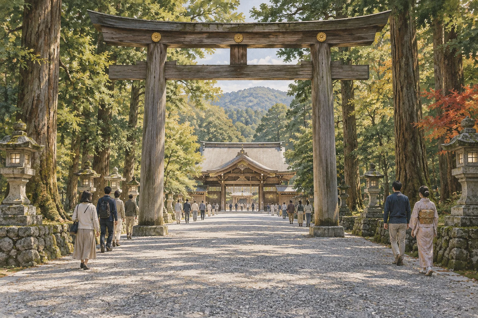 鳥居から社殿へ続く木立の中の参道