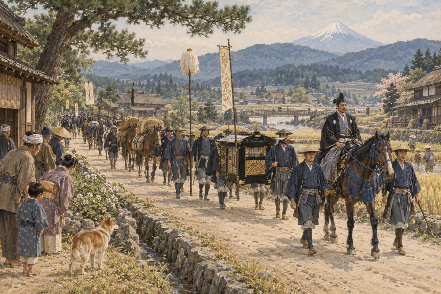 宿場へ向かう江戸時代の参勤交代の行列