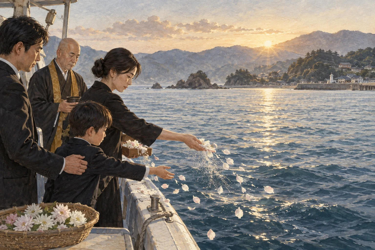 静かな海で遺灰と花をまく家族