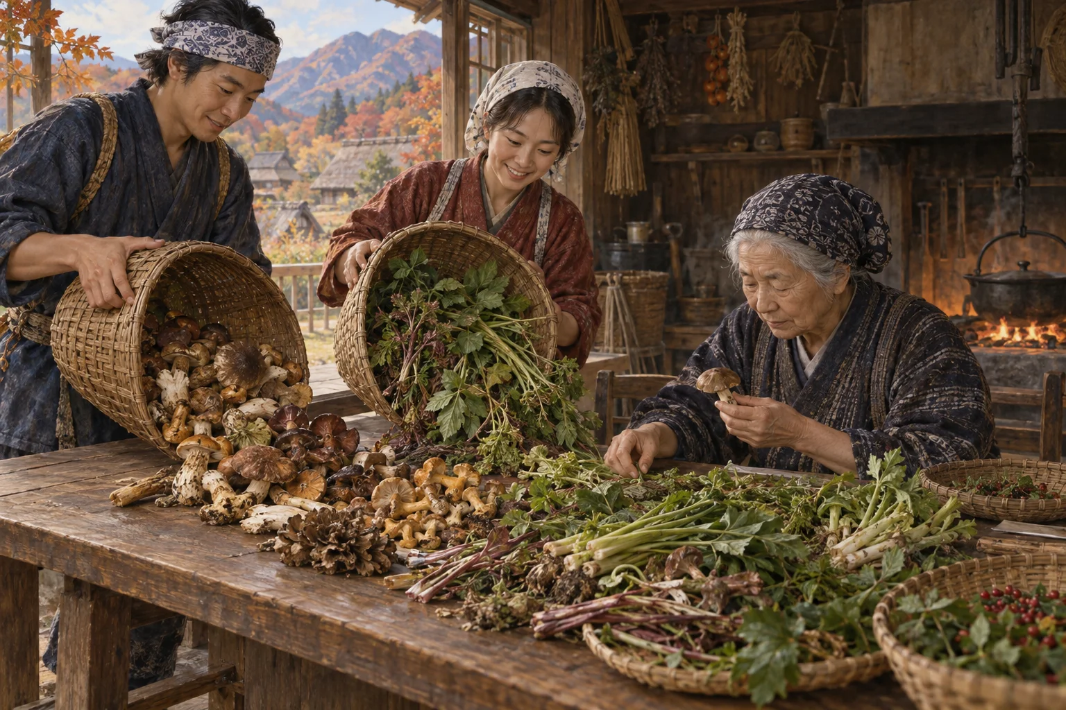 山菜ときのこを慎重に選別する山里の人々