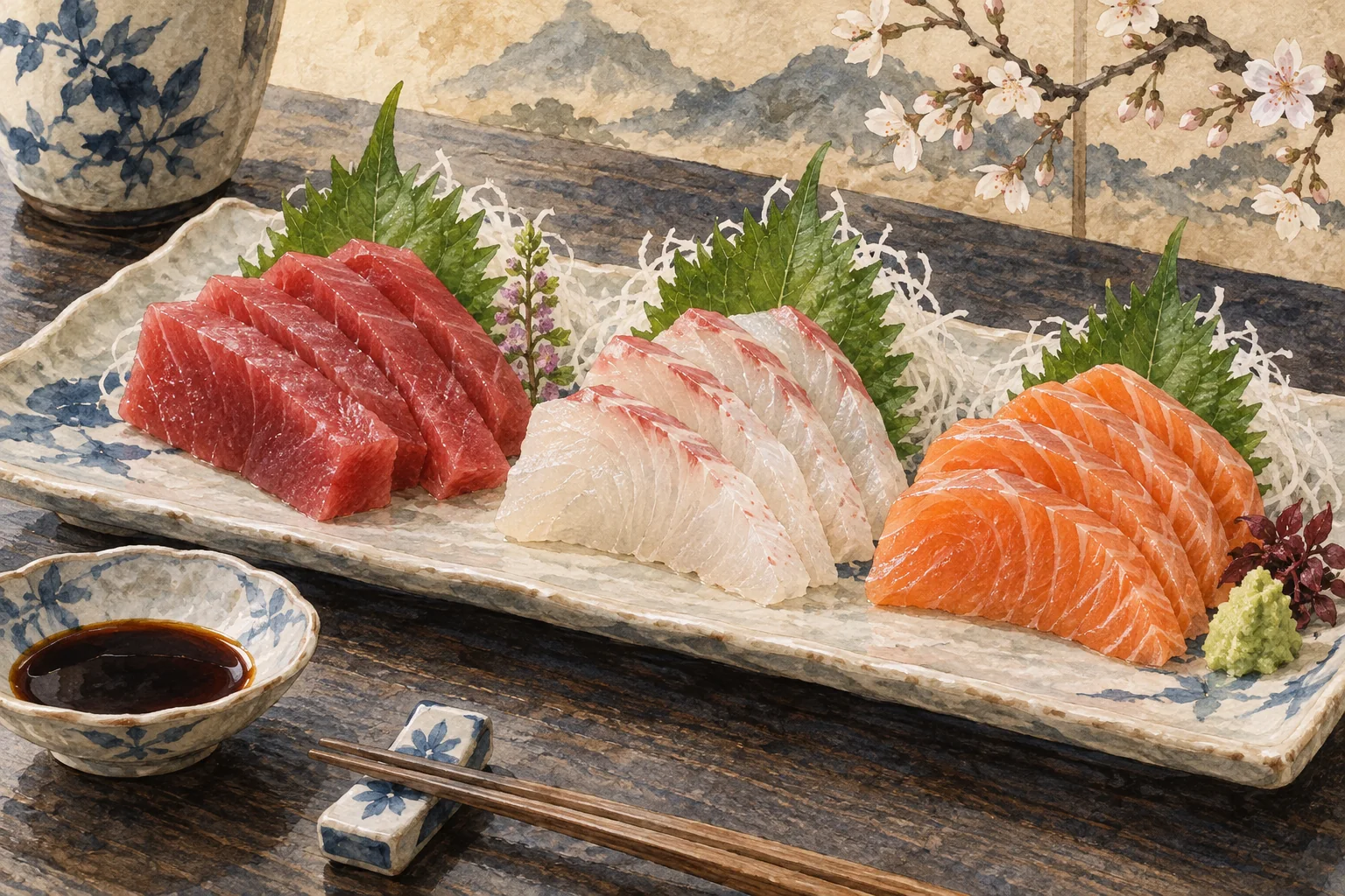 大根のつまと大葉を添えた、まぐろや鯛などの刺身