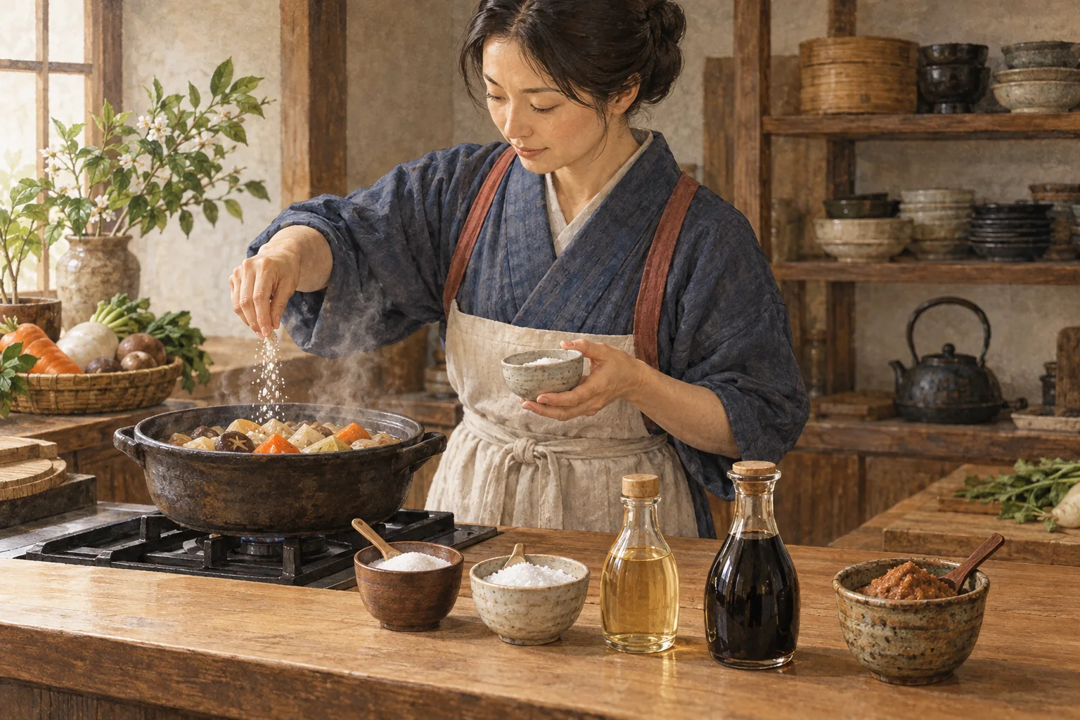 調味料のさしすせそを順番に使って煮物を作る料理人