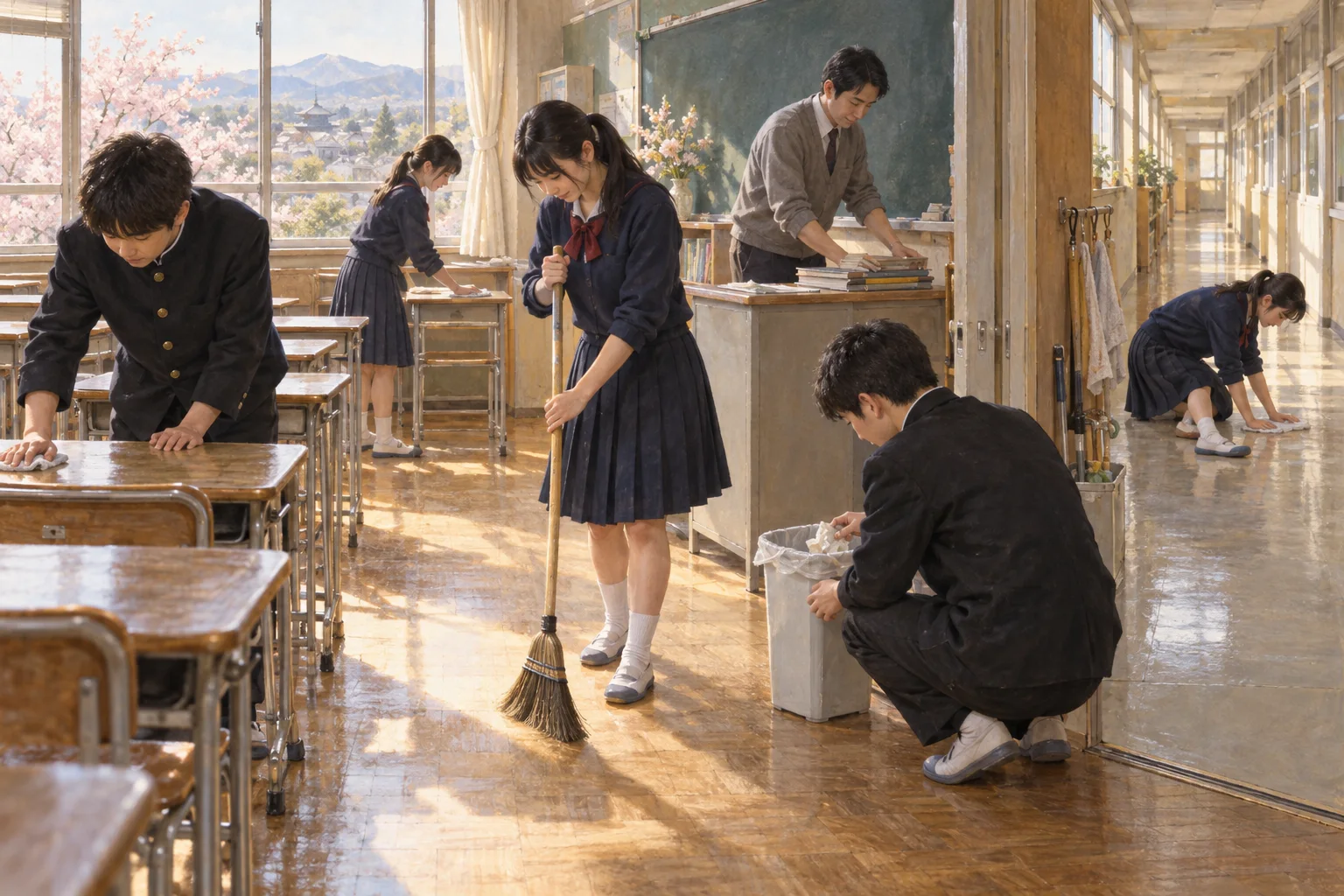 放課後に教室と廊下を協力して掃除する児童