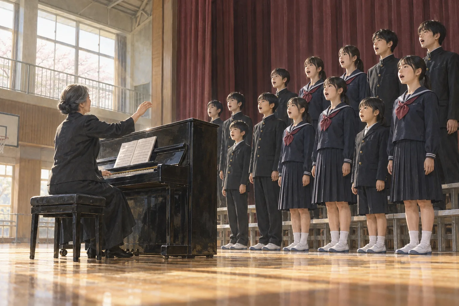 体育館の卒業式練習で校歌を歌う生徒と指揮する音楽教師