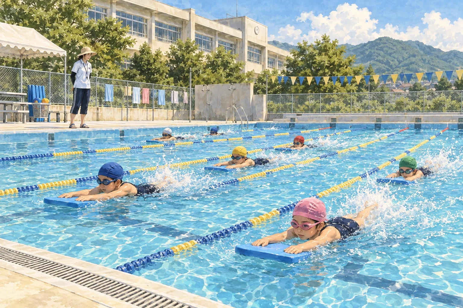 学校のプールで水泳を学ぶ児童
