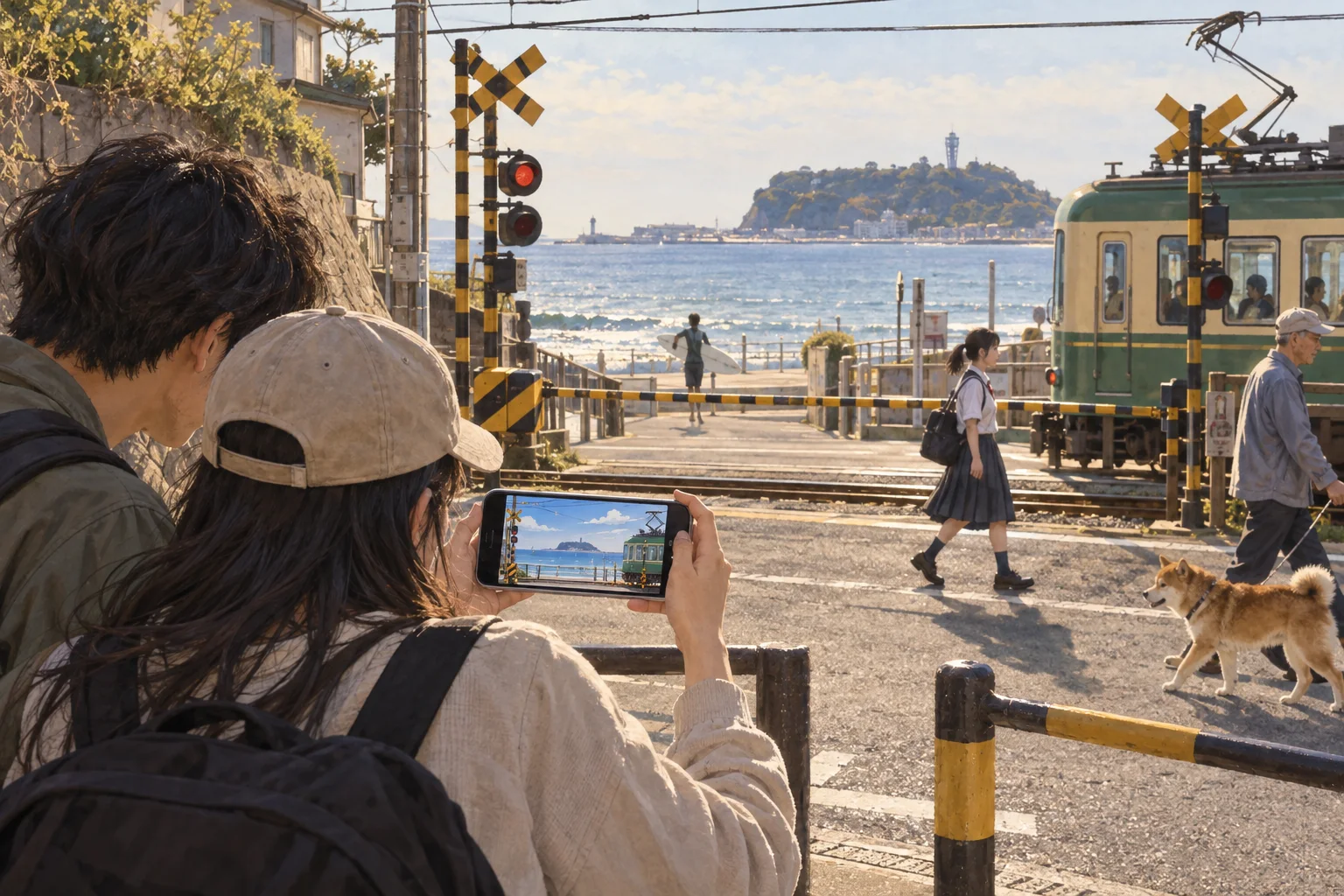 架空アニメの風景と実在の踏切を見比べるファン