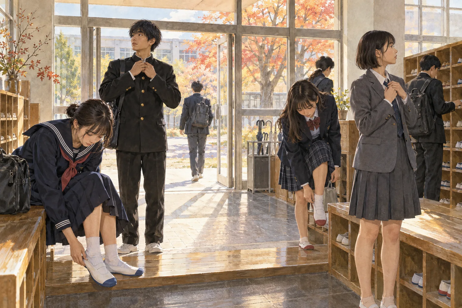 登校前に制服と上履きを整える生徒たち