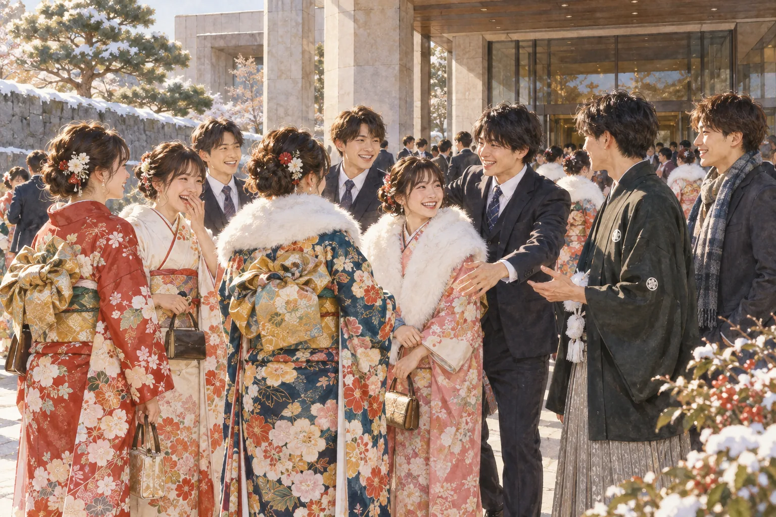 成人式で再会を喜ぶ若者たち