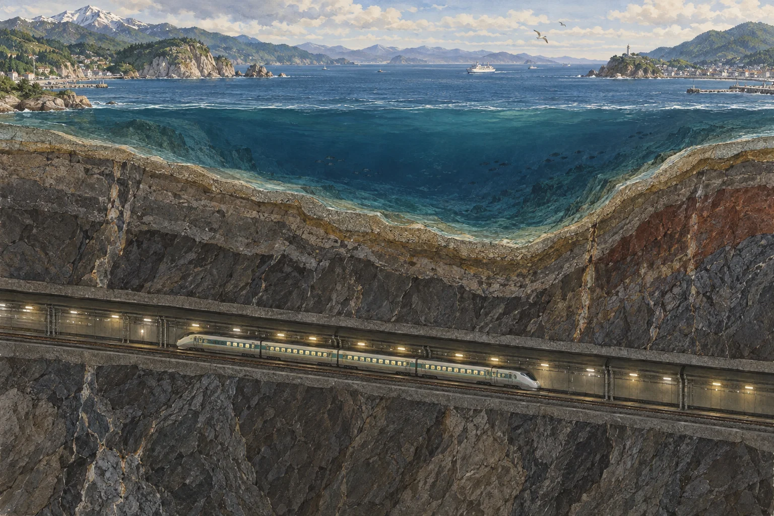 津軽海峡の海底を走る青函トンネルの列車