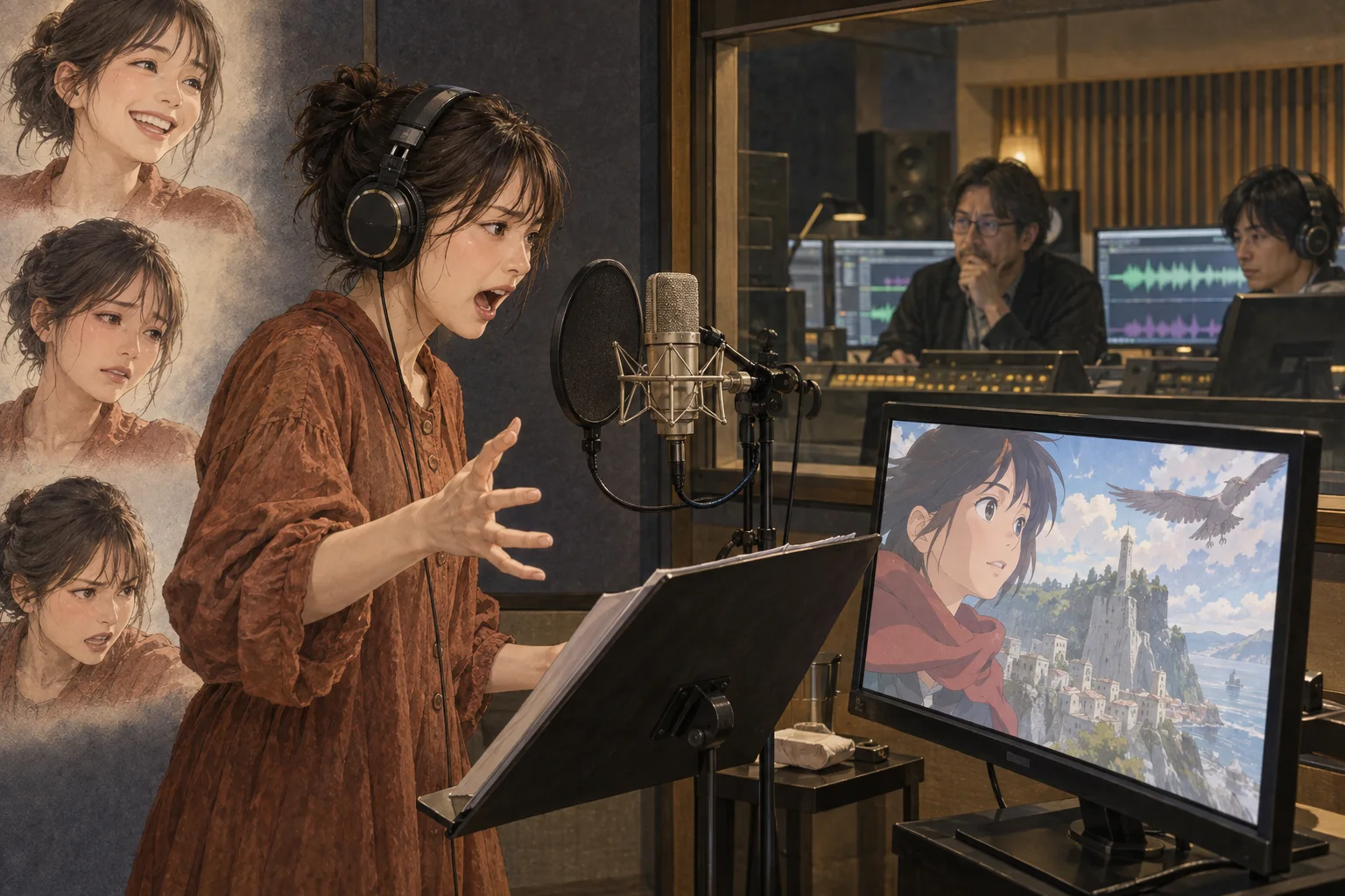 録音ブースでアニメの役を演じる声優