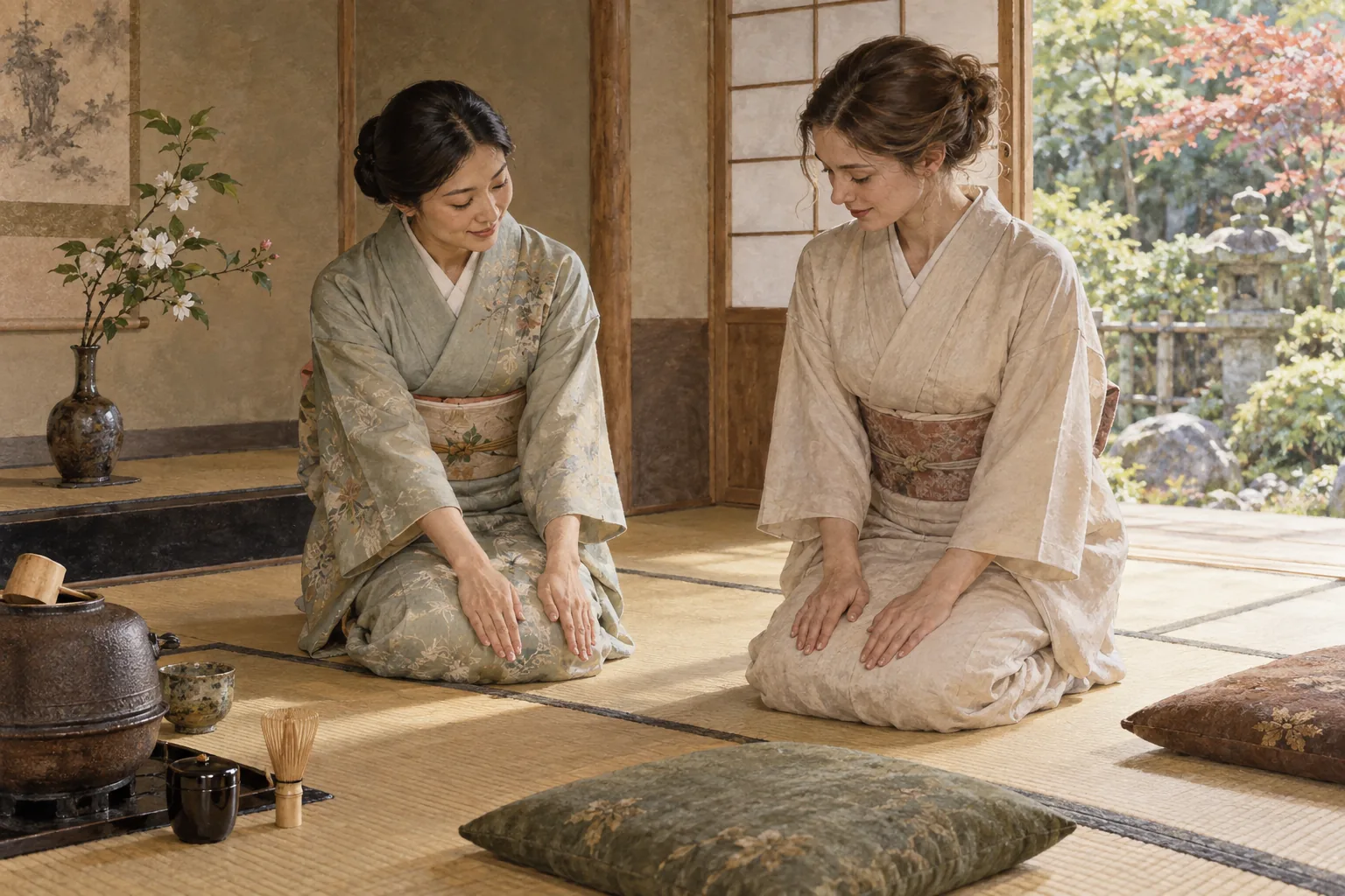茶席で正座の姿勢を教わる客