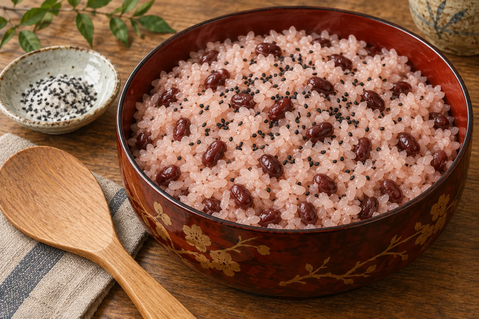 小豆と黒ごまをあしらった淡い桃色の赤飯