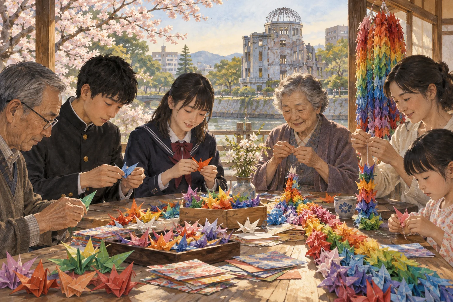 地域の人々が協力して千羽鶴を作る様子