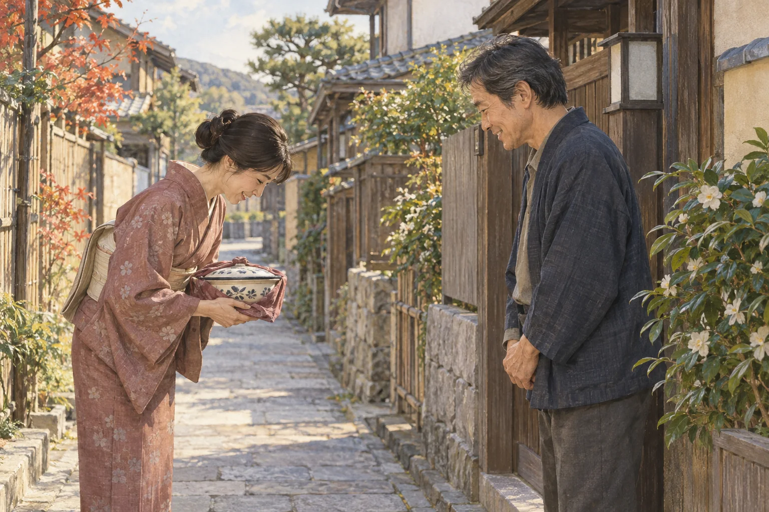 先日の親切に改めて礼を伝える近所の人