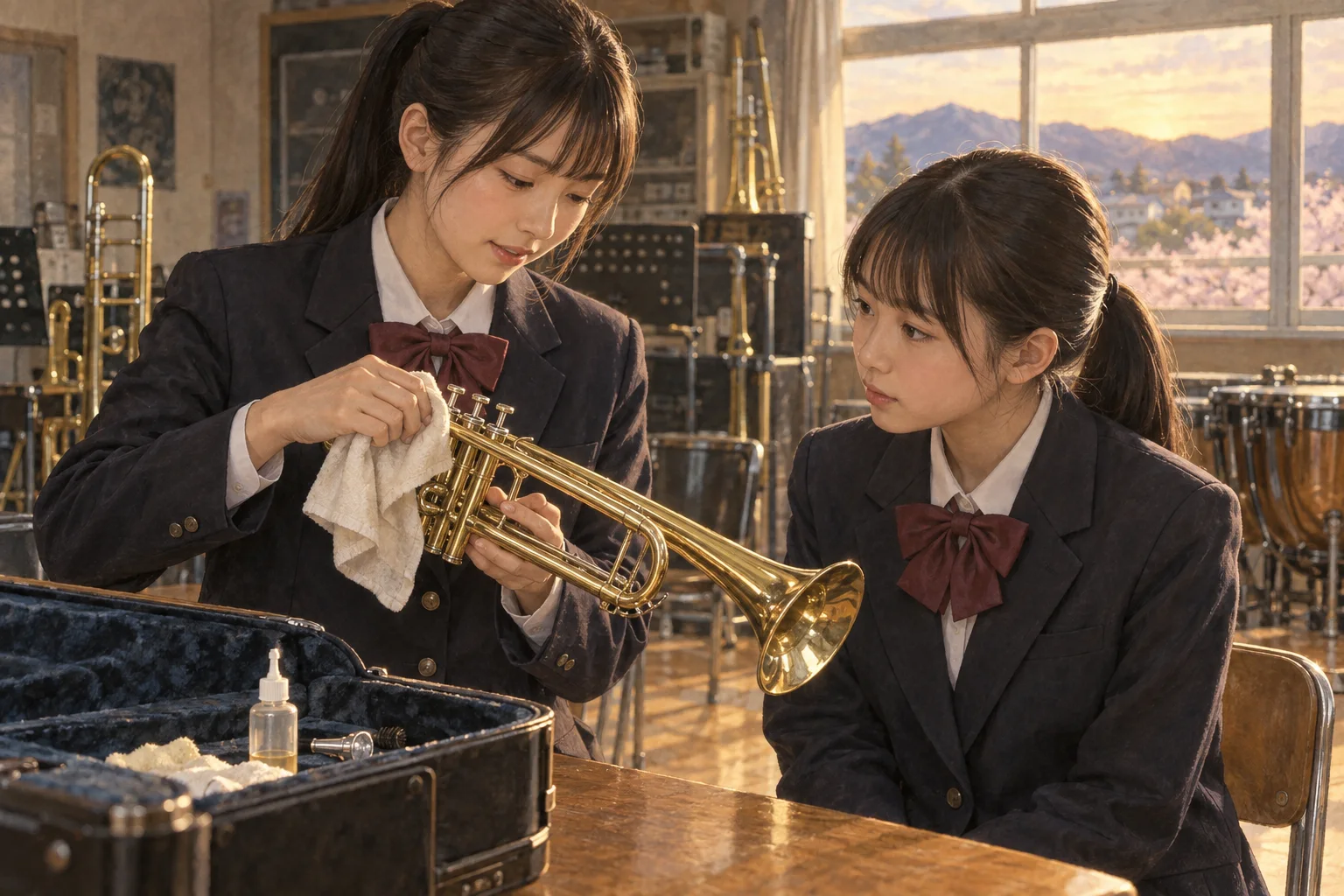 吹奏楽部で楽器の手入れを教える先輩と学ぶ後輩