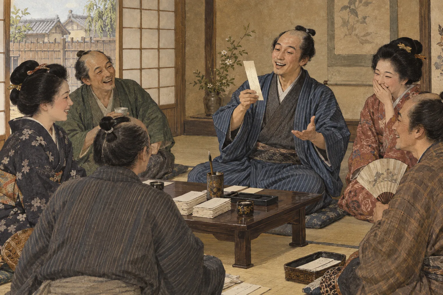 江戸の座敷で川柳を披露して笑い合う人々