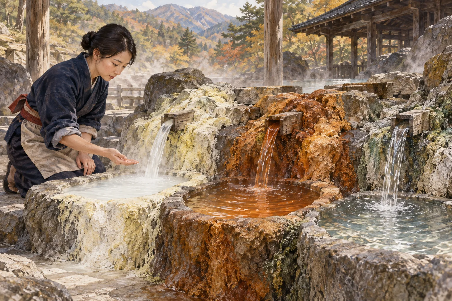 色や質感の異なる三つの温泉水