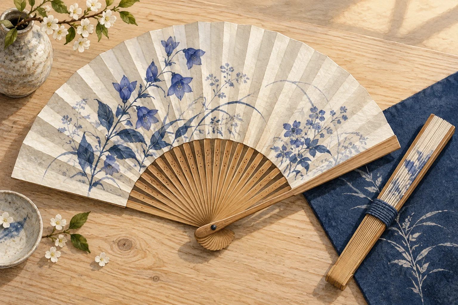 竹の骨と淡い草花模様の紙が美しい扇子を、半開きと閉じた状態で並べた風景