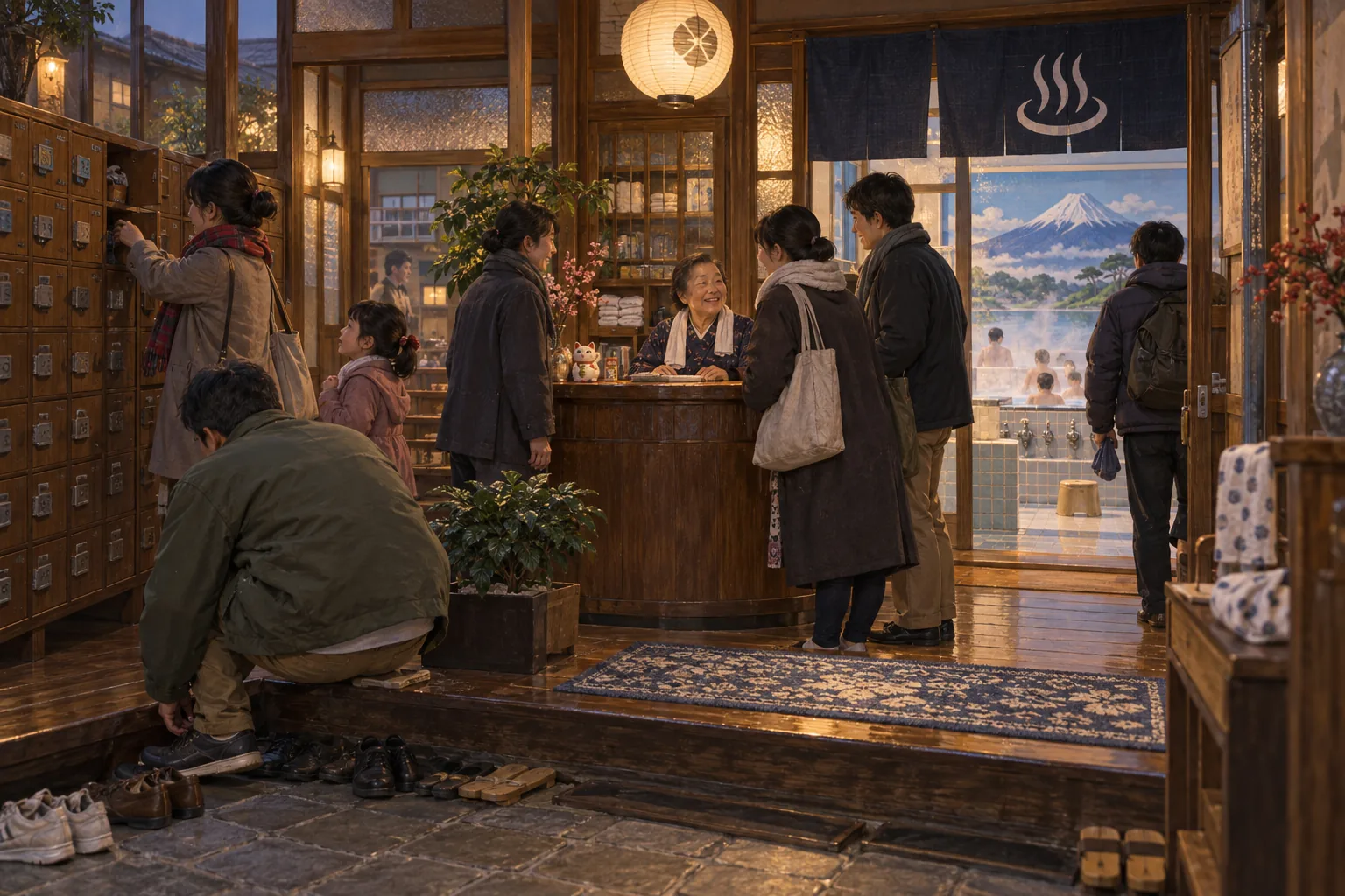 夕方の住宅街で人々が集まる昔ながらの銭湯