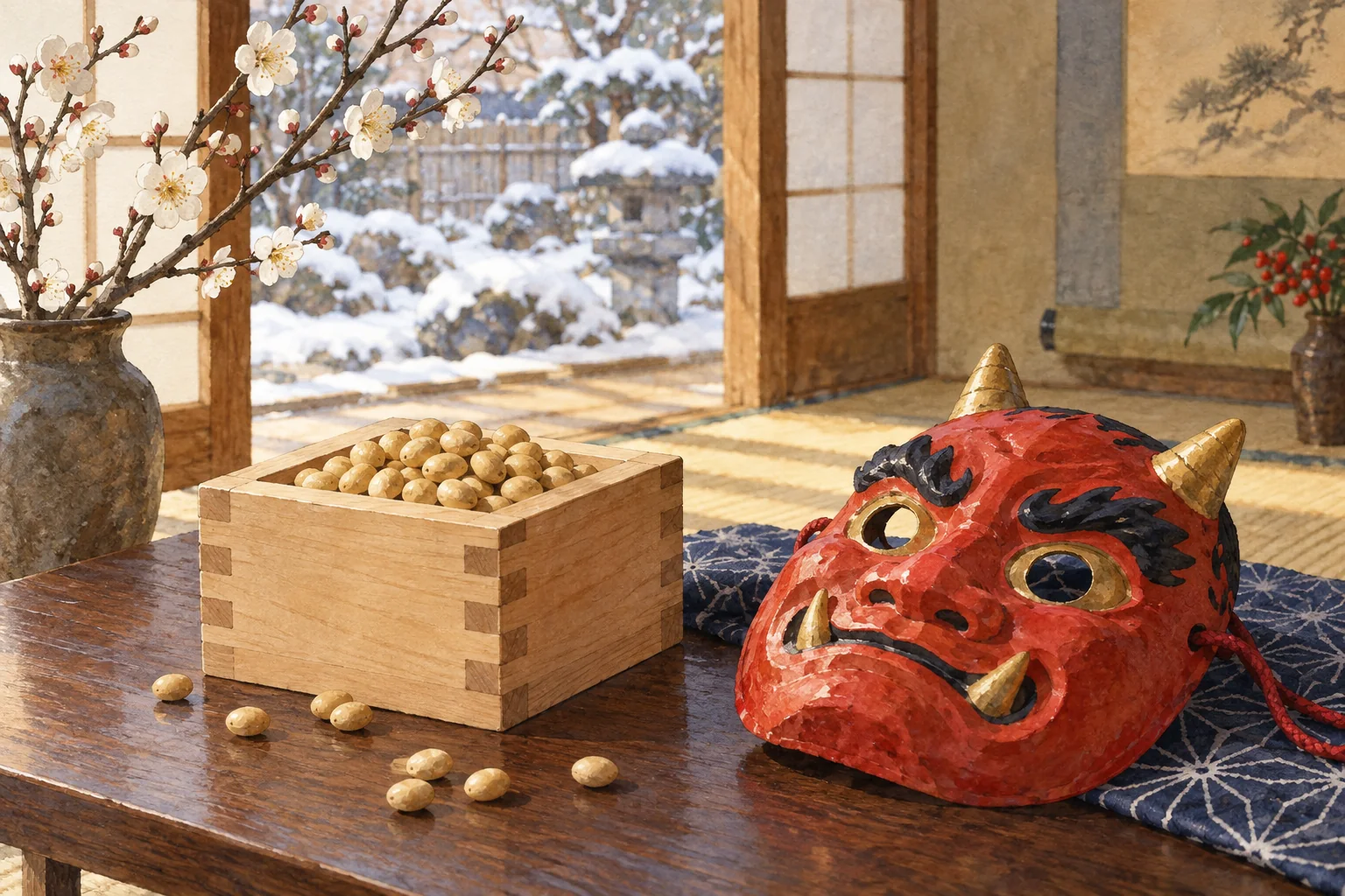 木の升に入った炒り大豆と、節分の赤い鬼の面