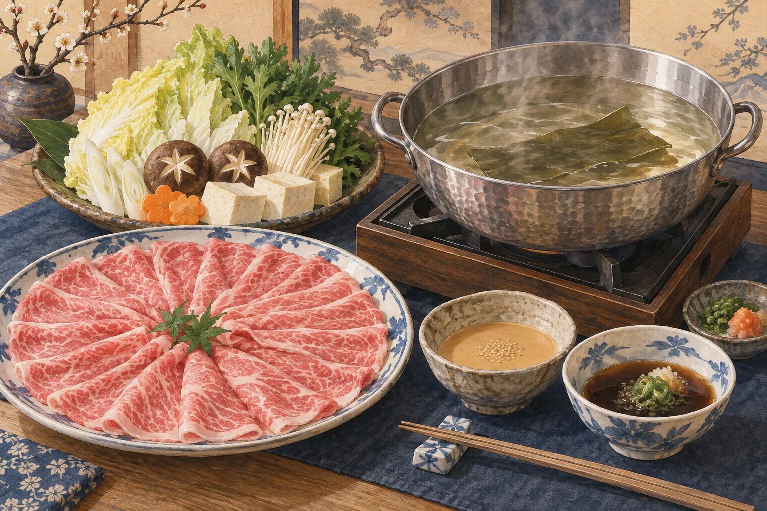薄切り肉と野菜を添えた、湯気の立つしゃぶしゃぶ鍋