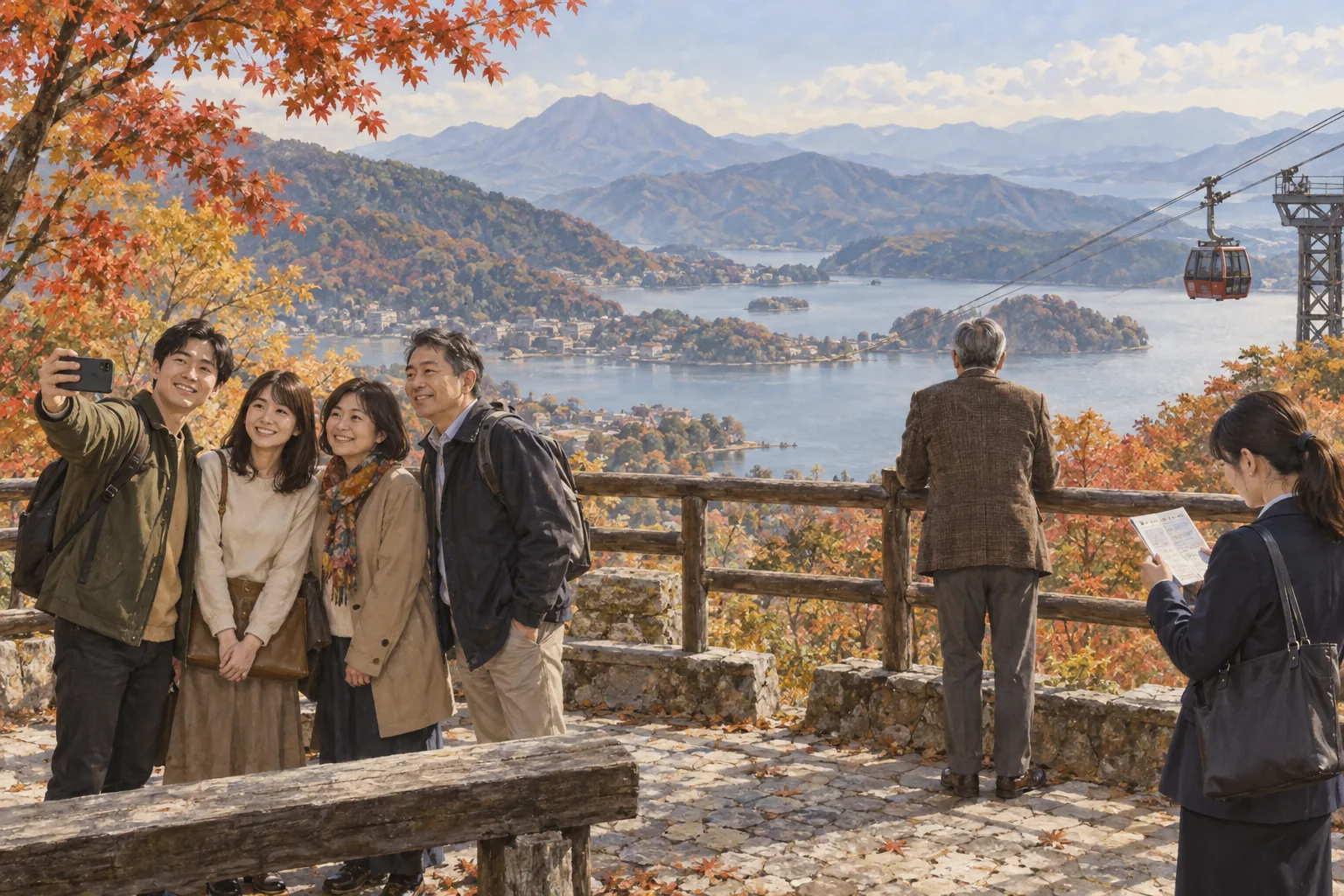 秋の社員旅行で湖畔の展望台に立ち寄る職場の一行