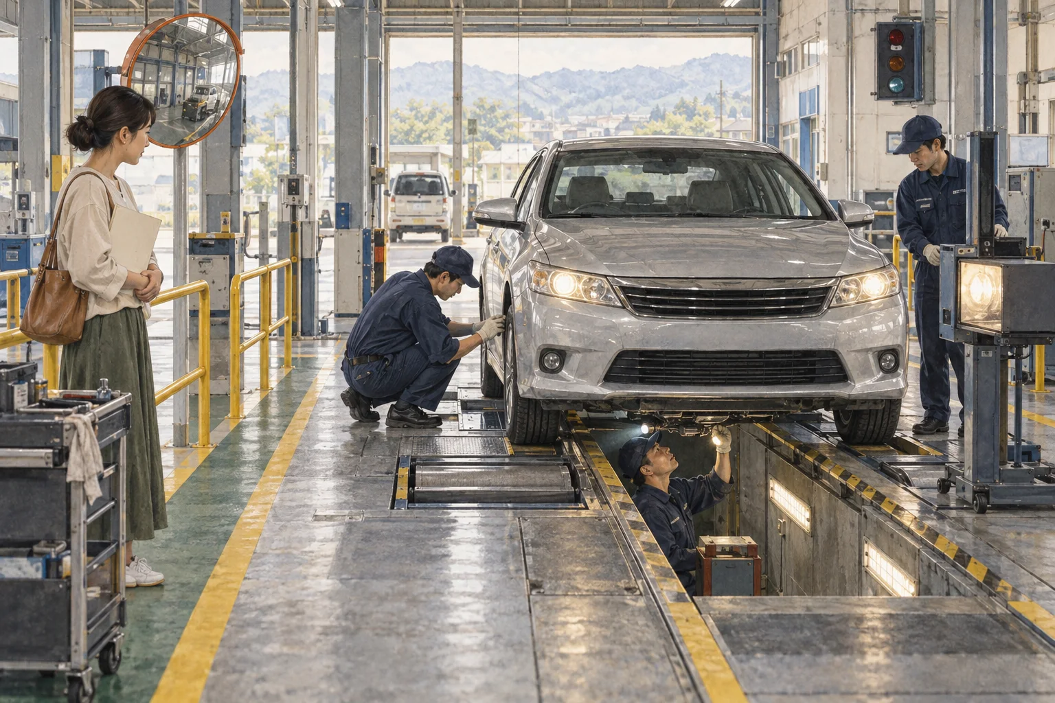 車検場で自動車の安全項目を点検する整備士