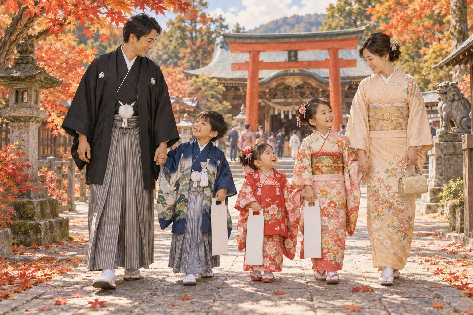 晴れ着で神社を訪れる七五三の子どもたち