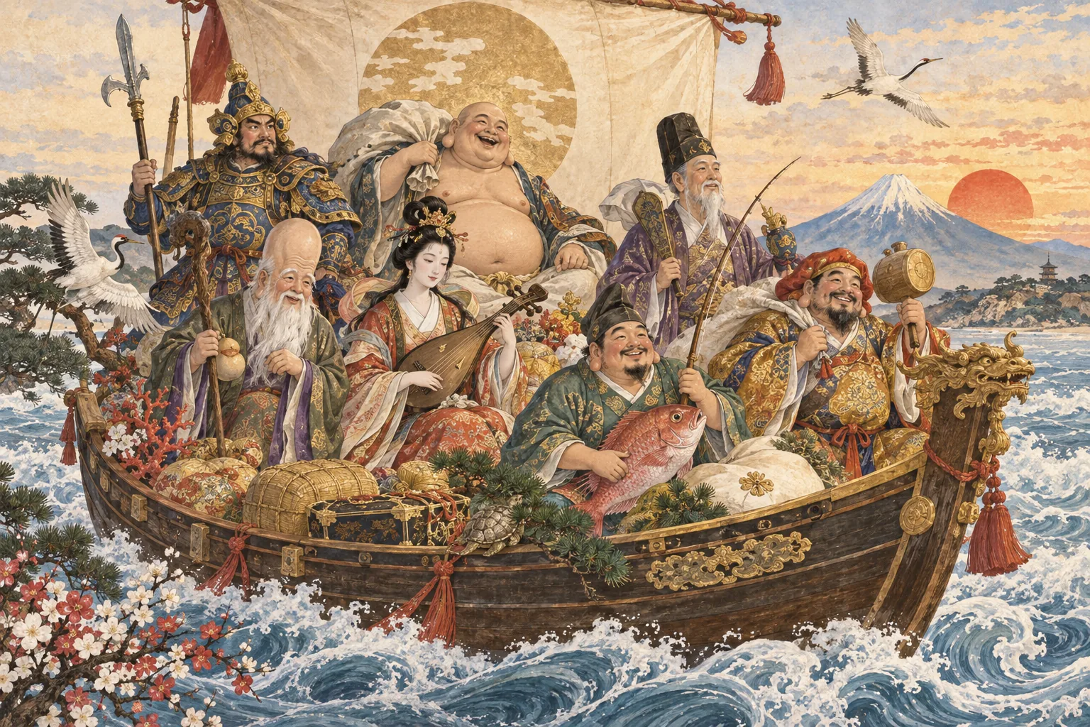 宝船に乗って海を進む七福神