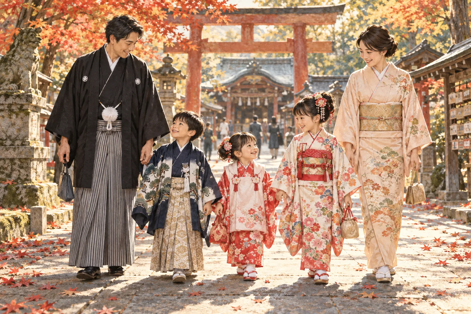 七五三の晴れ着で神社を訪れた家族