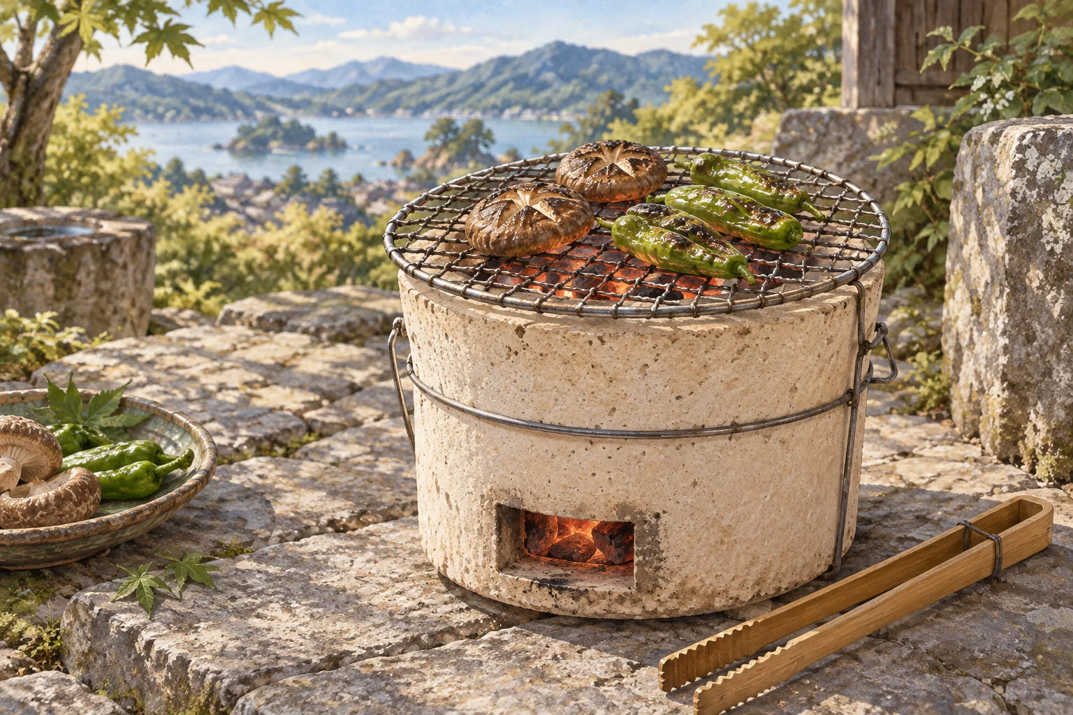 屋外で椎茸とししとうを焼く小さな七輪