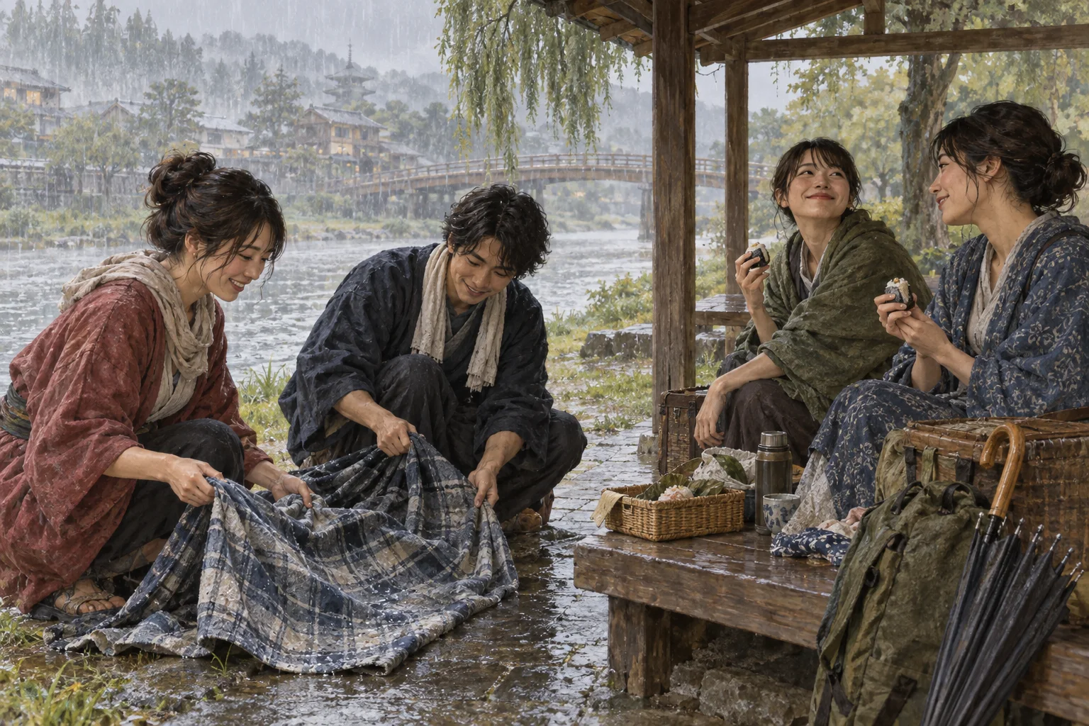 急な雨の中で仕方ないと受け入れて片づける友人たち
