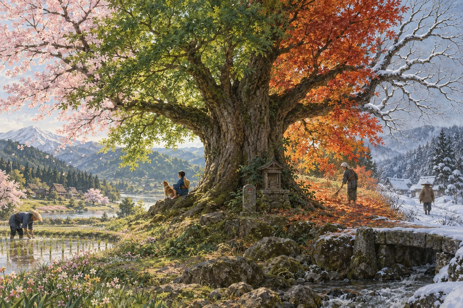 同じ木と風景に移り変わる日本の四季