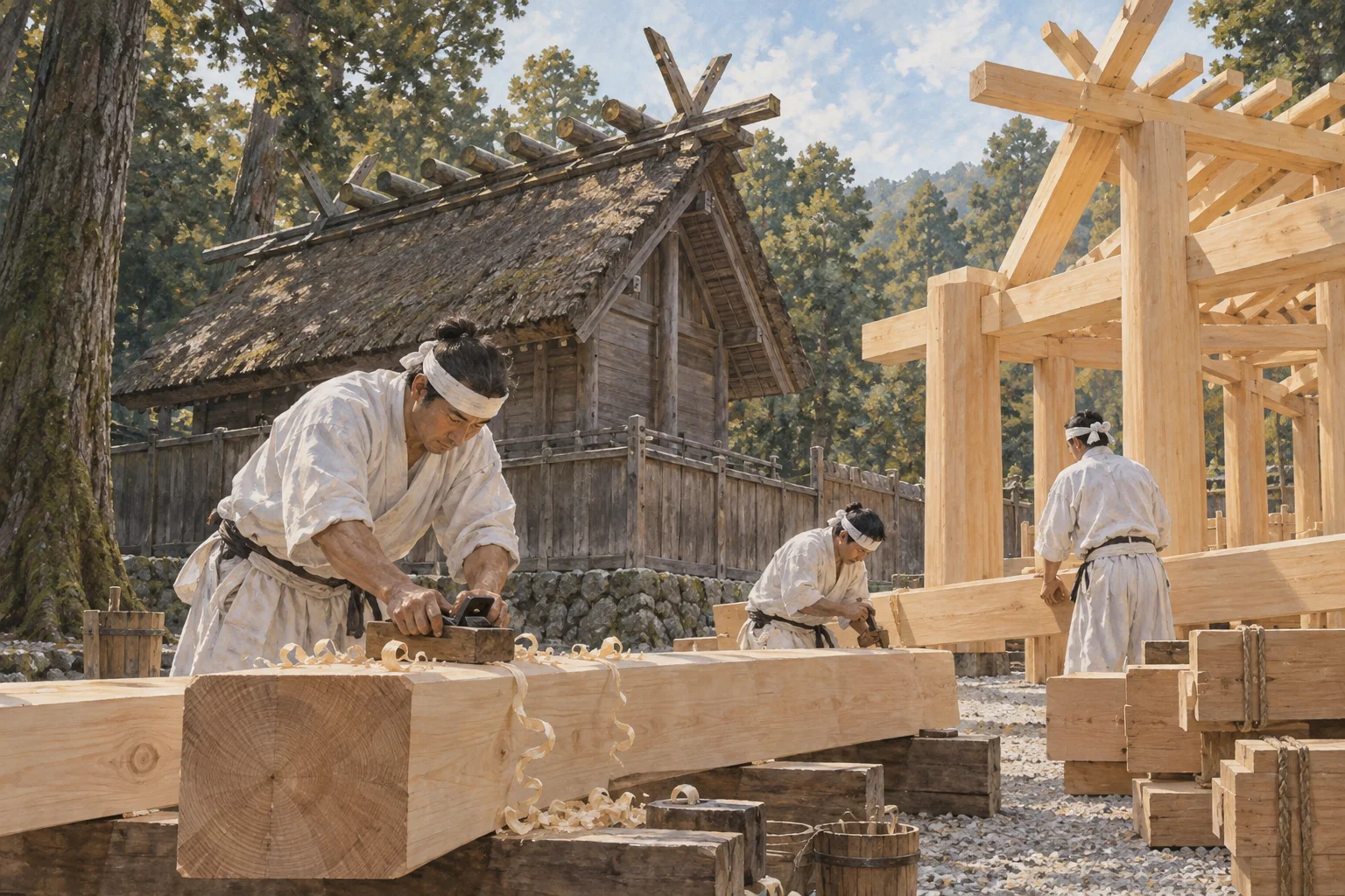 伊勢神宮で新しい檜材を整える式年遷宮の職人たち