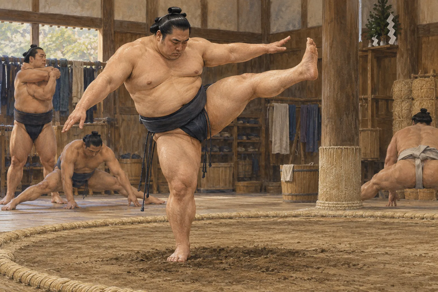 相撲部屋で片脚を高く上げて四股を踏む力士