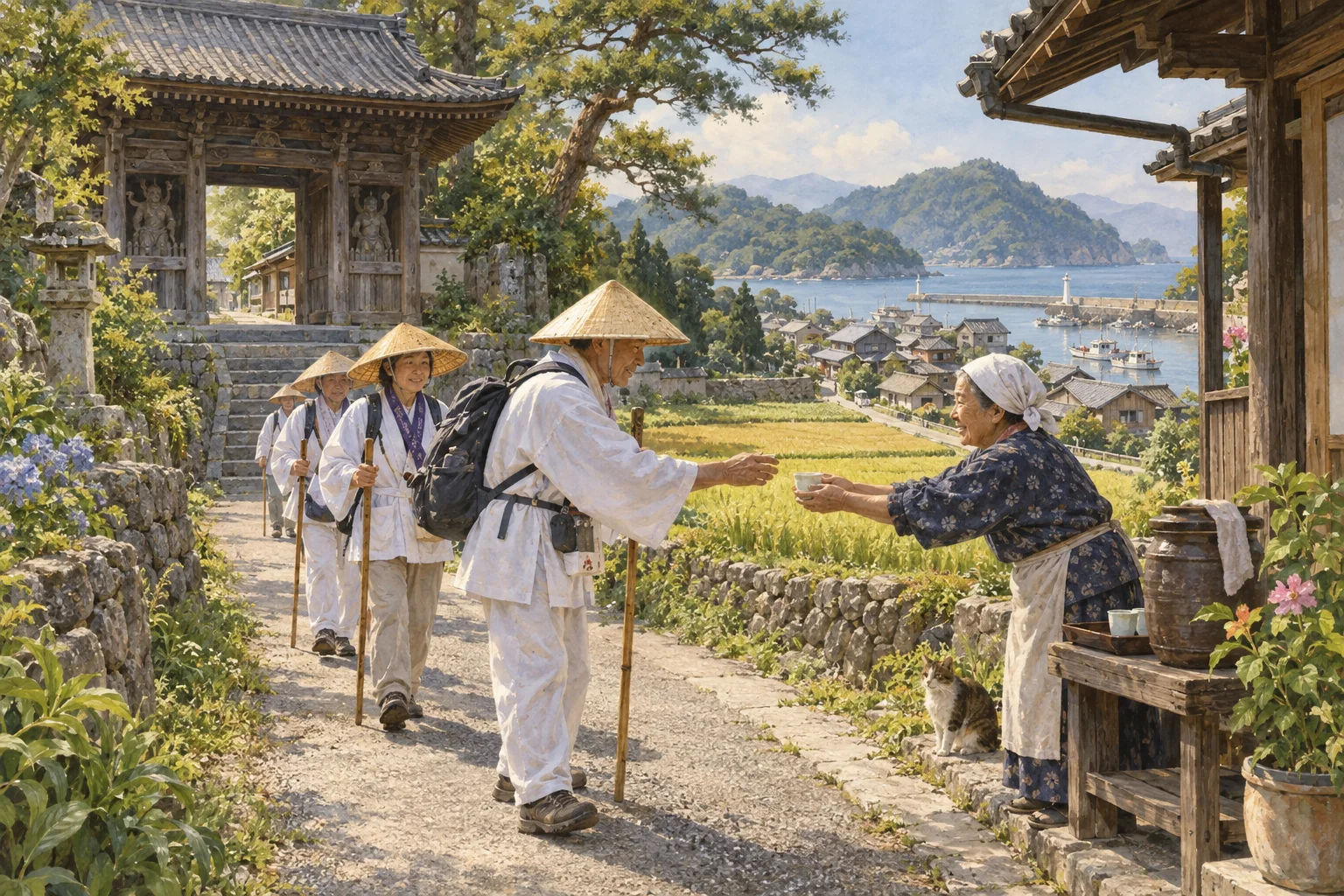 四国遍路の道を歩き地域の接待を受ける巡礼者