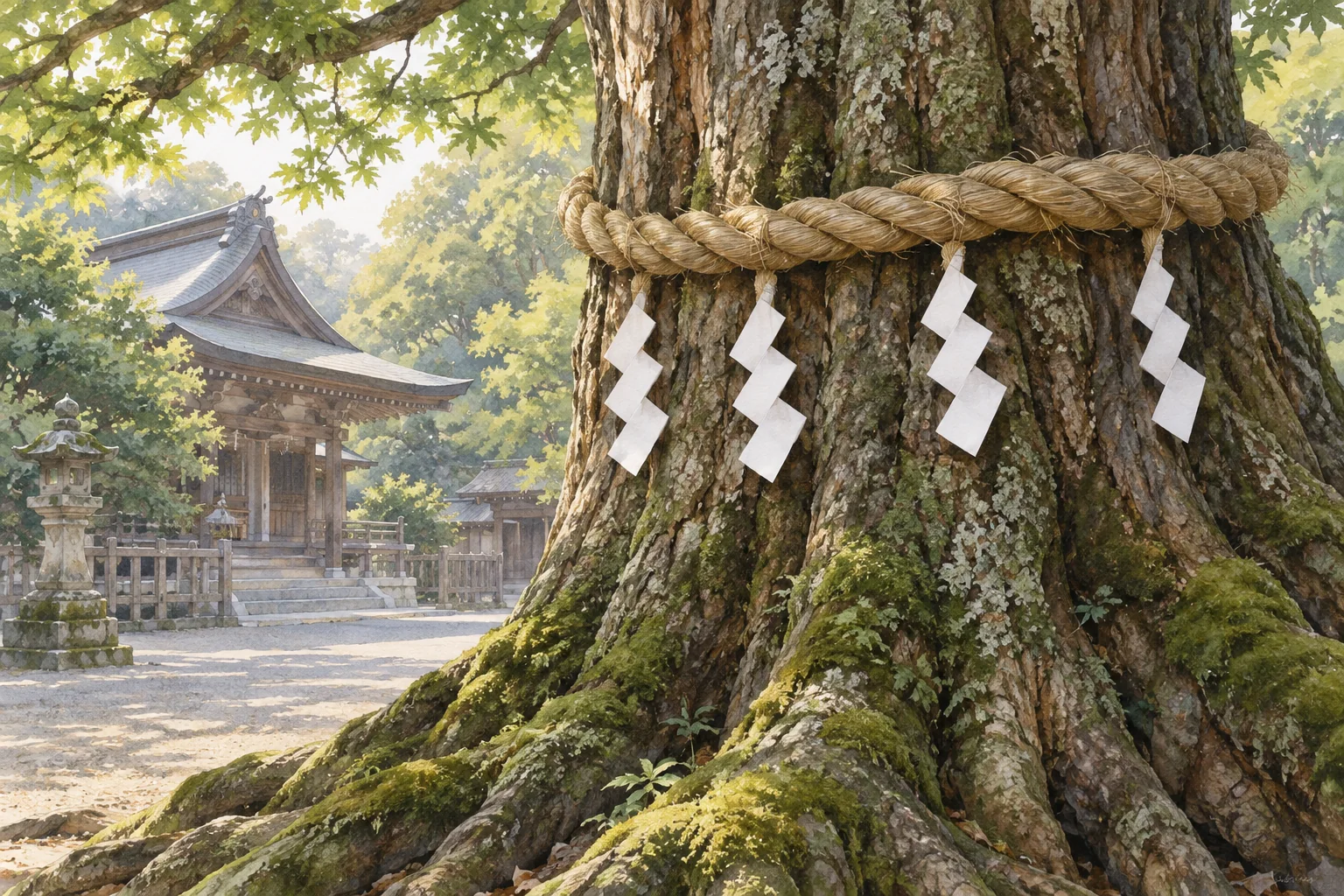 神社の大木に巻かれた注連縄と白い紙垂