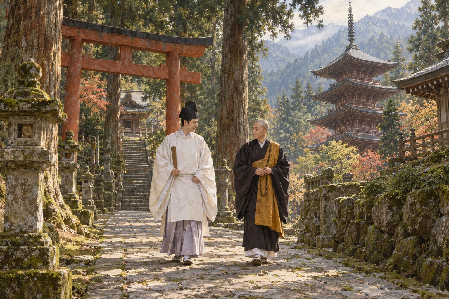 鳥居と仏塔が同じ山内に並ぶ神仏習合の聖地