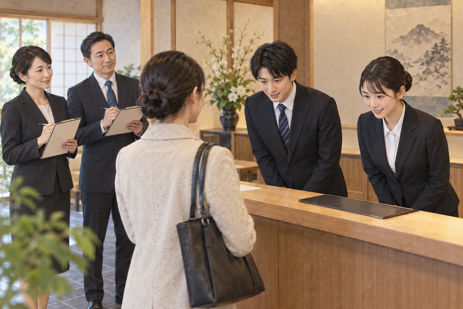 模擬受付で来客対応を練習する新入社員と研修担当者